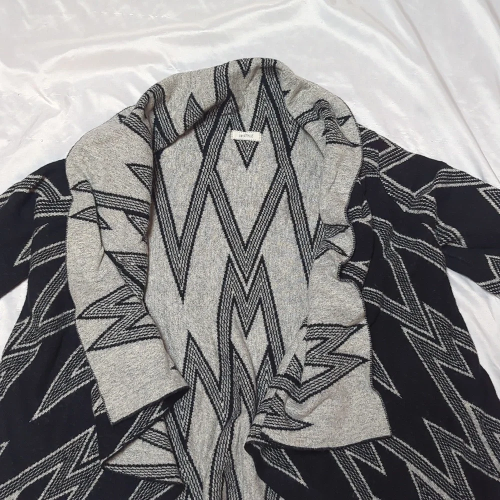 In Style Asymmetrical Open Front Black & Grey Waterfall Cardigan Angora Blend